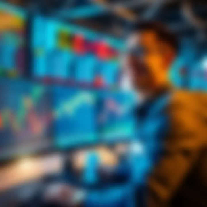 A happy trader smiling while looking at financial graphs and charts on a computer screen, showing significant profits from trading.