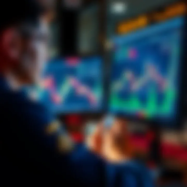 Trader Analyzing Market Charts A trader looking at market charts and graphs on a computer screen, contemplating their next move in a fluctuating market.