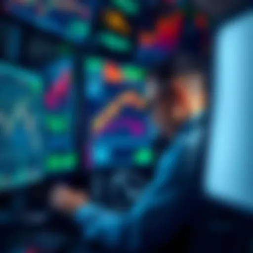 A trader examining charts and graphs on computer screens, showing market trends and data analysis.