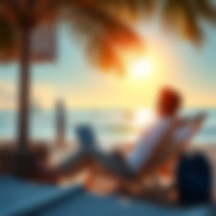 A trader sitting on a beach chair with a laptop, looking at market charts while enjoying the sun.