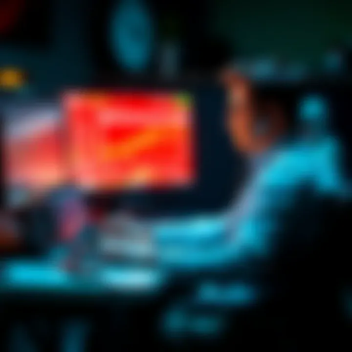 A trader sitting at a desk with a laptop, checking blood pressure on a monitor while looking stressed about Bitcoin trading.