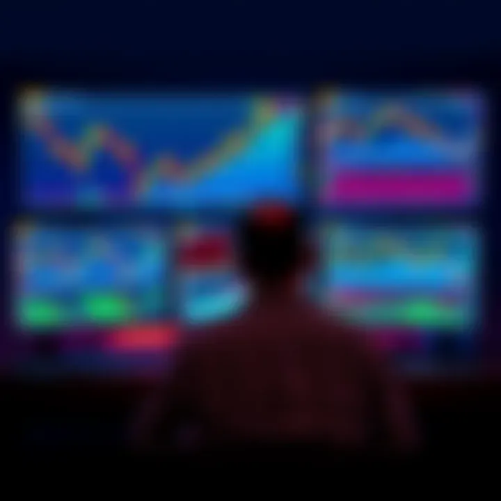 A trader sits in front of multiple screens displaying fluctuating Bitcoin and Ethereum charts, contemplating whether to sell or hold their investments.