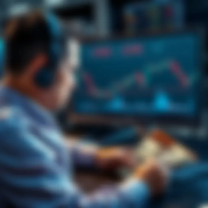 A stressed trader staring at a computer screen showing a Dogecoin chart with declining values, surrounded by bills and an empty wallet.