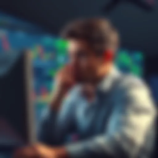 A frustrated trader looking at a computer screen displaying cryptocurrency charts, pondering whether to invest in ETH again.