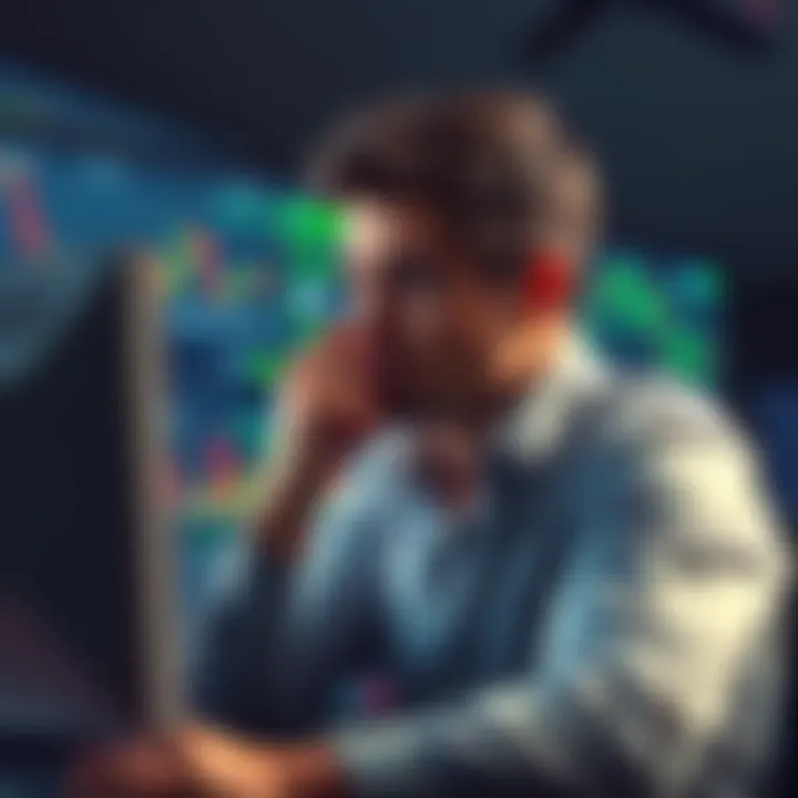 A frustrated trader looking at a computer screen displaying cryptocurrency charts, pondering whether to invest in ETH again.