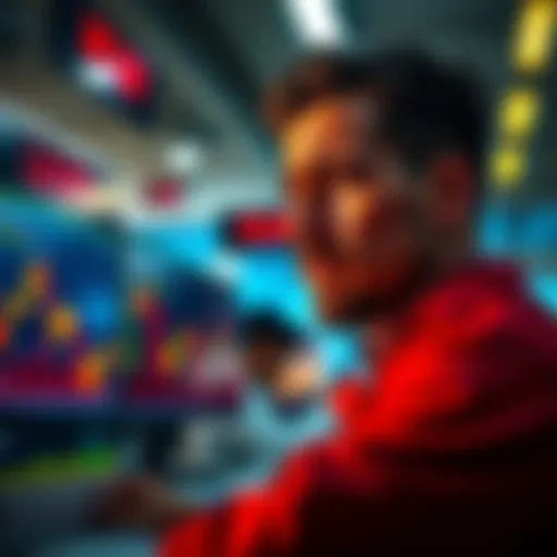 A person looking at a stock market chart with a worried expression, showing signs of stress and frustration from trading losses.