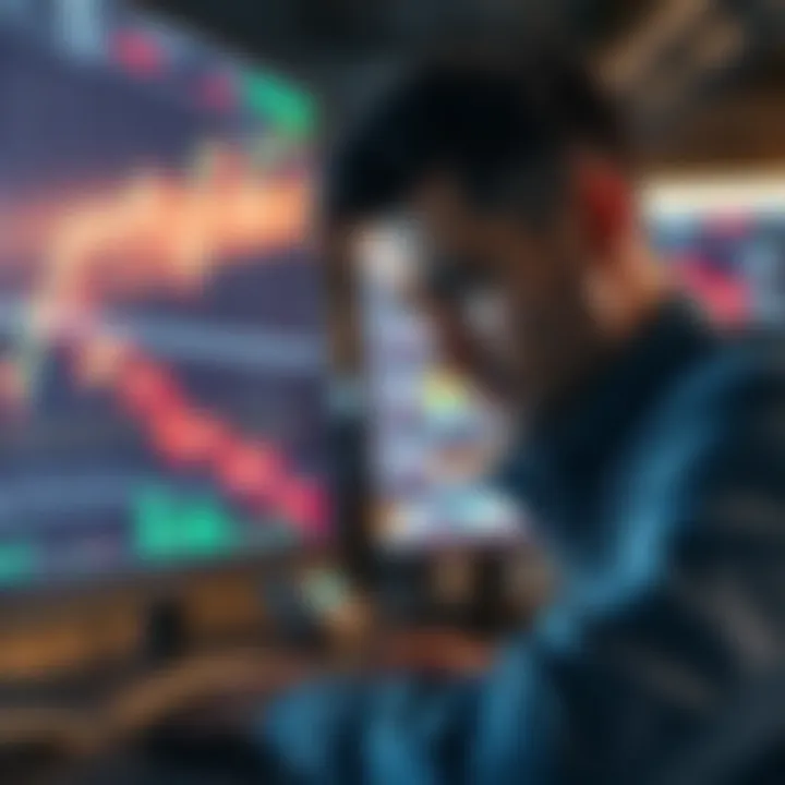 A trader appears stressed while analyzing market charts on a computer screen, reflecting on a recent loss in a trading position.