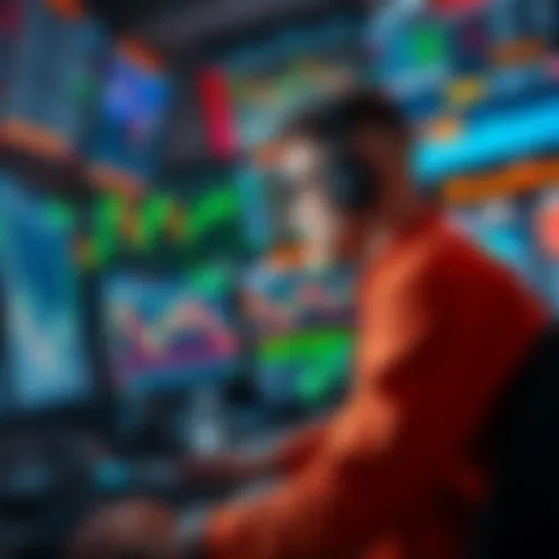 A trader closely monitoring market trends on multiple screens, displaying rising price graphs and market data, showing excitement for potential gains.