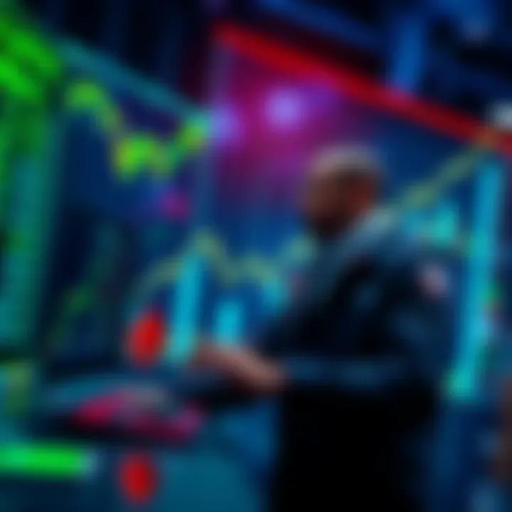 A crypto trader selling Ethereum on a digital platform, signaling a potential price surge, with graphs showing upward movement in the background.