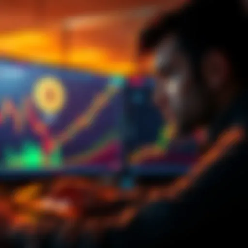 A trader intently looking at multiple cryptocurrency charts on a screen, with Bitcoin's price soaring in the background. The scene captures their emotions of excitement and frustration as they reflect on their investments.