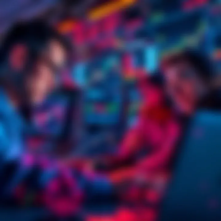 A group of traders looking at Bitcoin price charts on laptops, discussing market trends, with graphs showing a downward trend visible