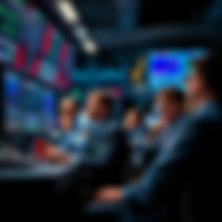 A group of traders sitting at desks, looking at computer screens filled with market data and graphs, showing confusion and concern in their expressions.