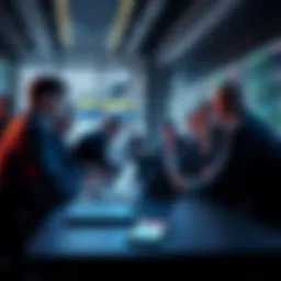 A group of traders in a modern setting sharing insights about altcoin season and strategies for profit.