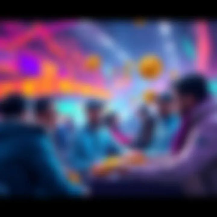 Group of traders sharing insights on meme coins in a vibrant forum setting
