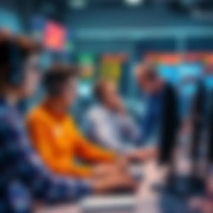 A group of traders sitting at computers, visibly upset and discussing their poor investment decisions in an online forum.