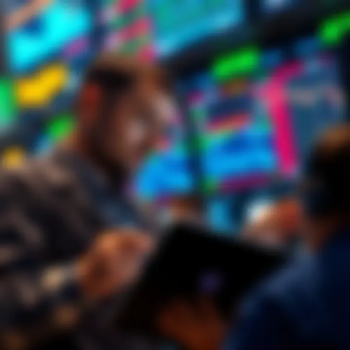 Traders Analyzing Market Trends Traders looking at stock charts and data screens reflecting mixed market signals