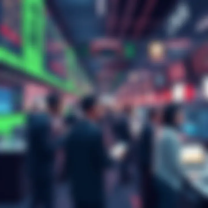 A group of traders interacting at a bustling exchange, blending traditional practices with digital tools in 2025