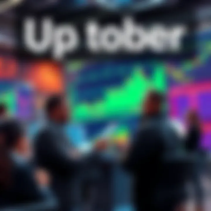 Traders celebrating and discussing charts and graphs indicating market growth in Uptober