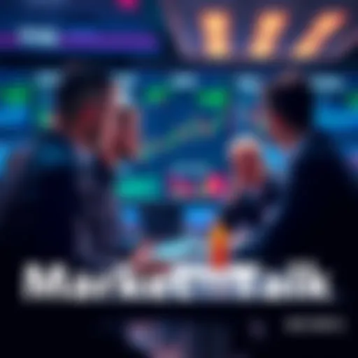 A group of traders engaged in a discussion about market trends and trading strategies, with charts and graphs visible on a screen in the background.