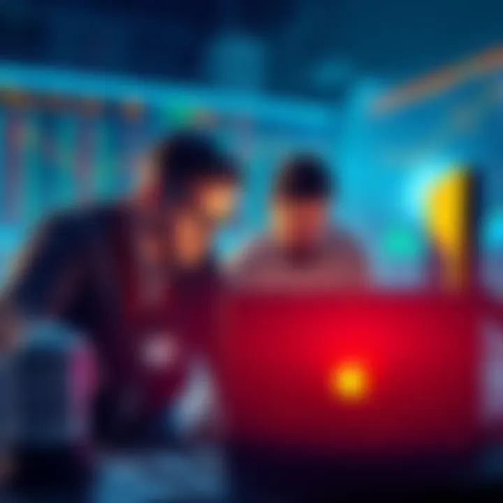 Group of traders looking worried over a laptop as $KAS smart contract price drops sharply.