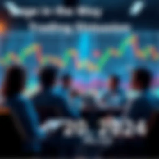 People engaging in a trading discussion with charts and graphs in the background