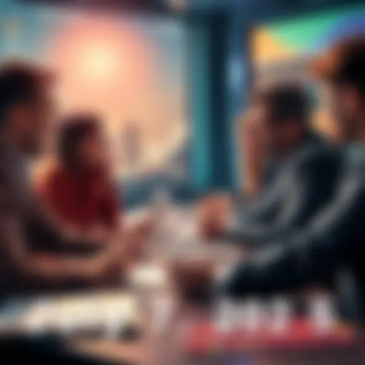 A group of people engaging in a lively discussion about trading ideas and current events.