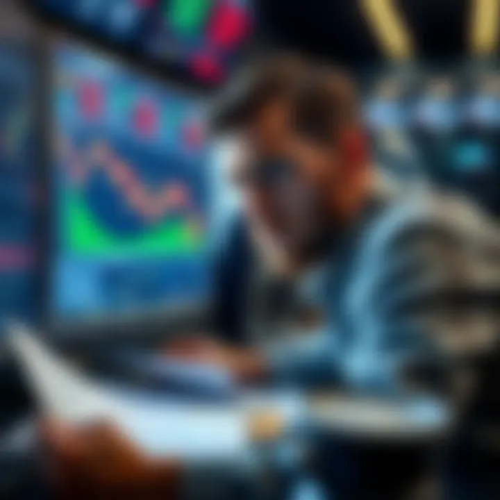 A trader looking worried at a computer screen showing market fluctuations and trading data. Papers with financial notes are scattered around.