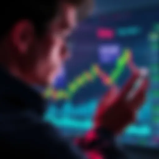A person looking at a graph showing rising cryptocurrency prices, considering selling their assets for profit.