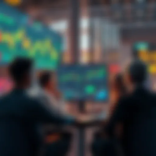 A group of people engaging in a conversation about trading ideas with charts and graphs displayed on their screens.