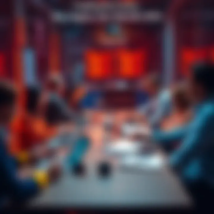 A group of people discussing trading strategies and market insights around a table with laptops and notes.