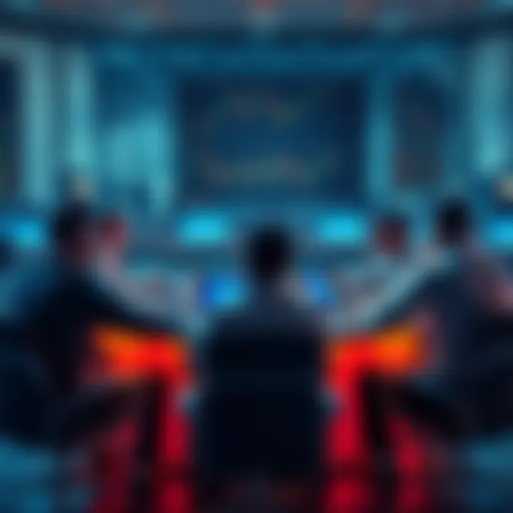 A group of people discussing trading ideas and strategies at a round table with charts and laptops