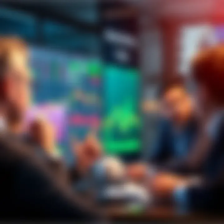 People discussing trading strategies with charts and graphs on a screen