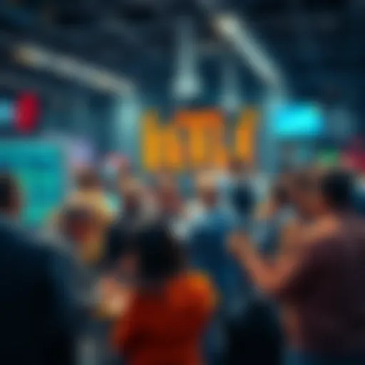 People engaging in a lively discussion about trading strategies and market trends on a busy forum.