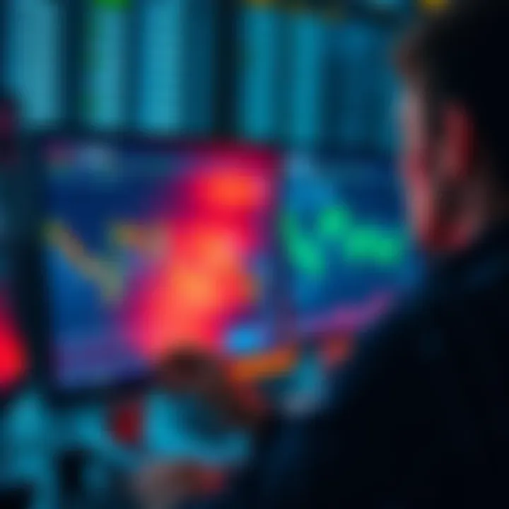 A trader reviewing exchanges and cold storage options on a computer screen with charts and graphs in the background.