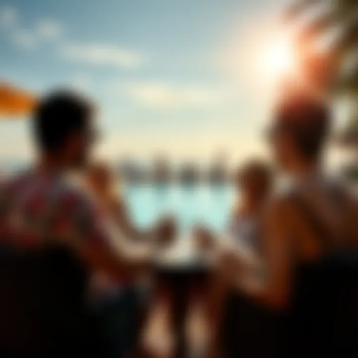 People exchanging trading ideas and enjoying the summer sun by a poolside setting