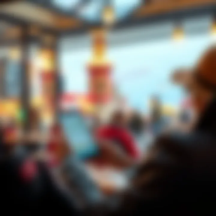 A traveler using a smartphone to trade Solana cryptocurrency while sitting at a cafe in a lively location. The Backpack app is visible on the screen.