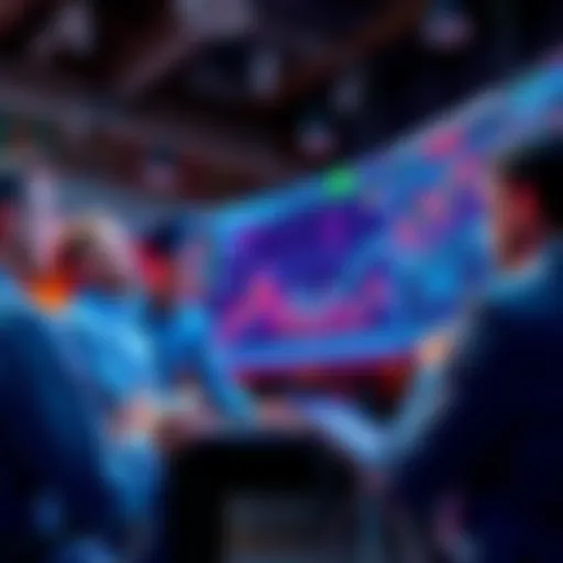 A group of people discussing trading ideas with charts and graphs on a screen