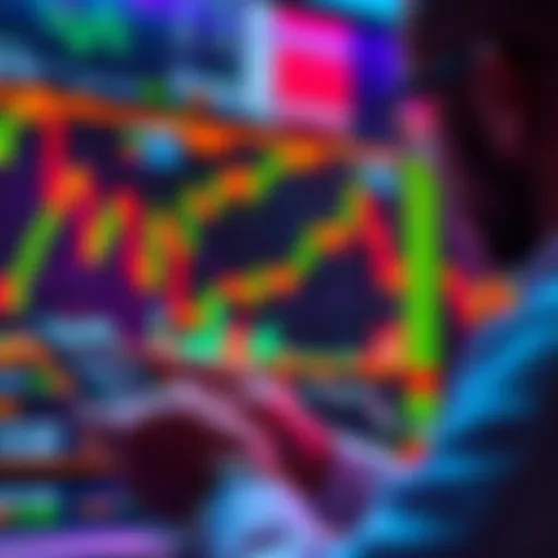 A person using a smartphone to trade tokenized US stocks on a crypto platform, with digital stock charts in the background.