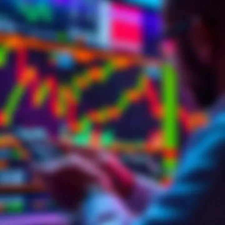 A person using a smartphone to trade tokenized US stocks on a crypto platform, with digital stock charts in the background.