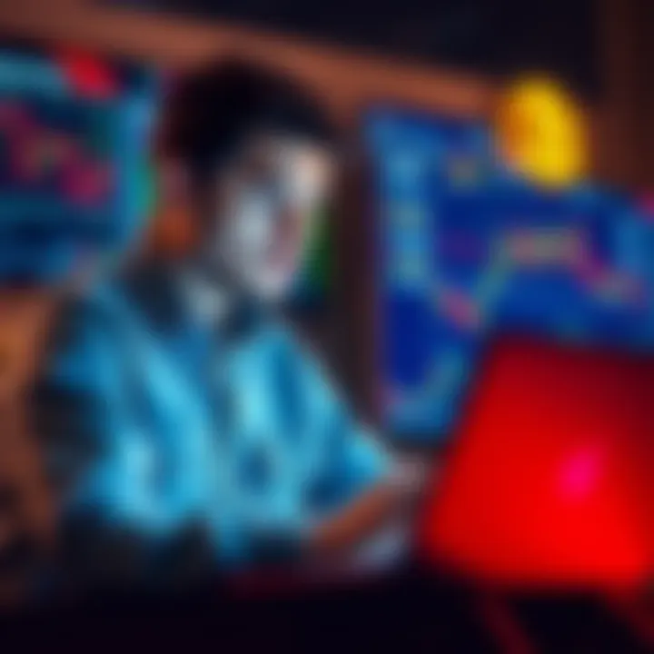 A person analyzing cryptocurrency charts and coins with a laptop, looking thoughtful about trading options with a small investment