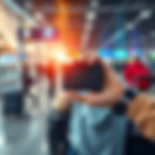 A traveler showing a hardware wallet at airport security, looking prepared for flight with luggage in the background