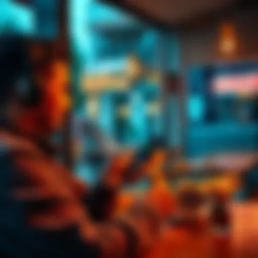 A person using the Kraken app on their phone while sitting at a café in South America, with currency symbols around them.