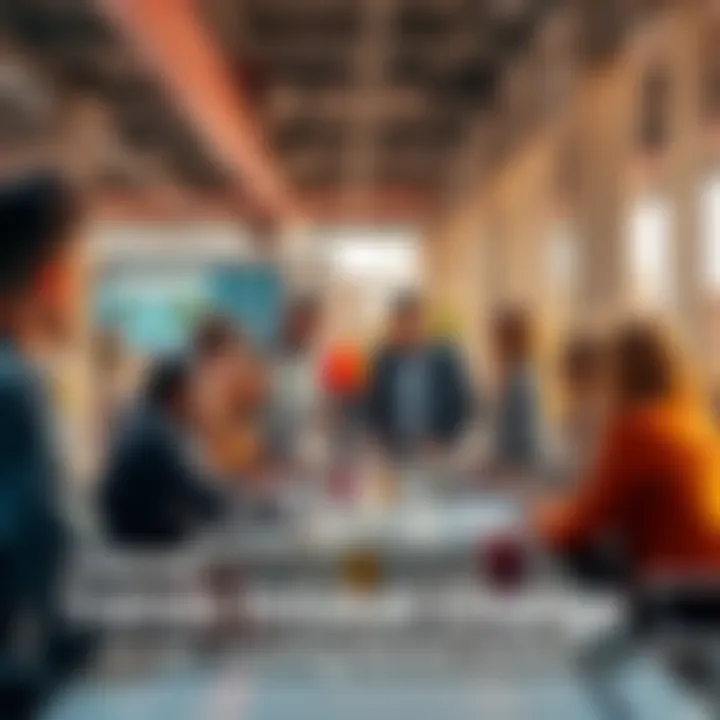 A group of diverse people discussing ideas and trends in a modern workspace, symbolizing market innovation and change.