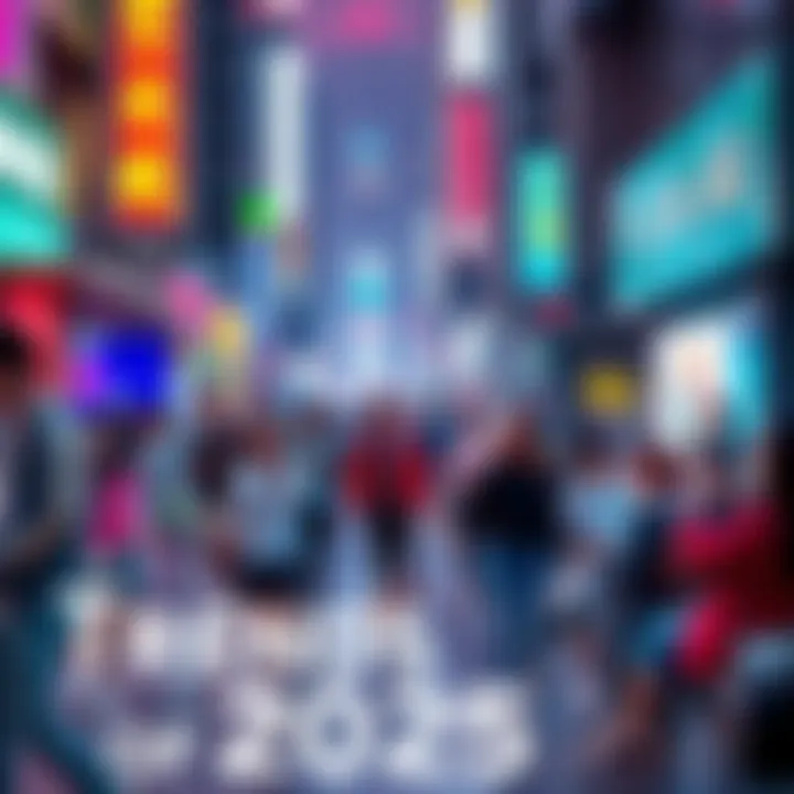 A vibrant city scene with diverse people engaging in cultural activities and technology, showcasing key trends of the year 2025.