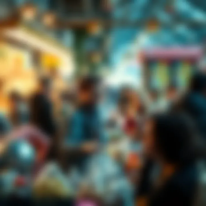 A diverse group of people flipping items at a busy market, showcasing various goods and excited interactions.