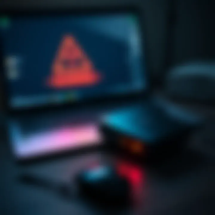 Trezor Safe 5 hardware wallet sitting on a computer desk next to a laptop displaying warning signs of malware attack.