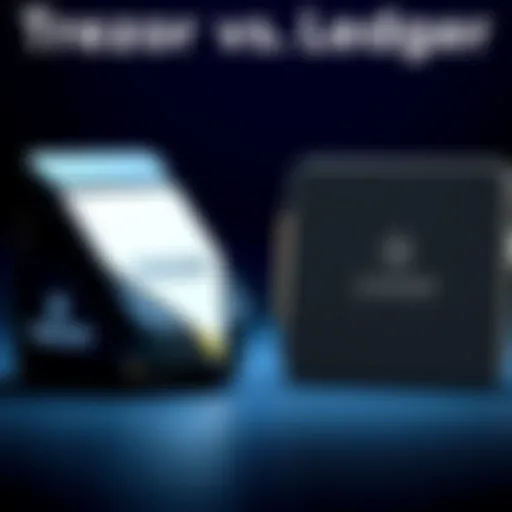 Two hardware wallets side by side, one labeled Trezor and the other Ledger, showing differences in design and build quality