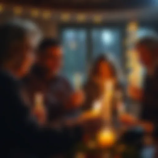 A group of friends lighting candles in memory of Carl at a gathering, sharing stories and emotions.