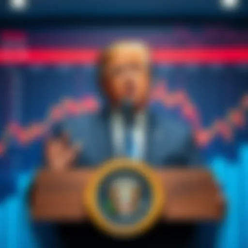 Former President Trump speaking at a podium, highlighting Federal Reserve Chair Jerome Powell's impact on the housing market, with a backdrop of housing market graphics