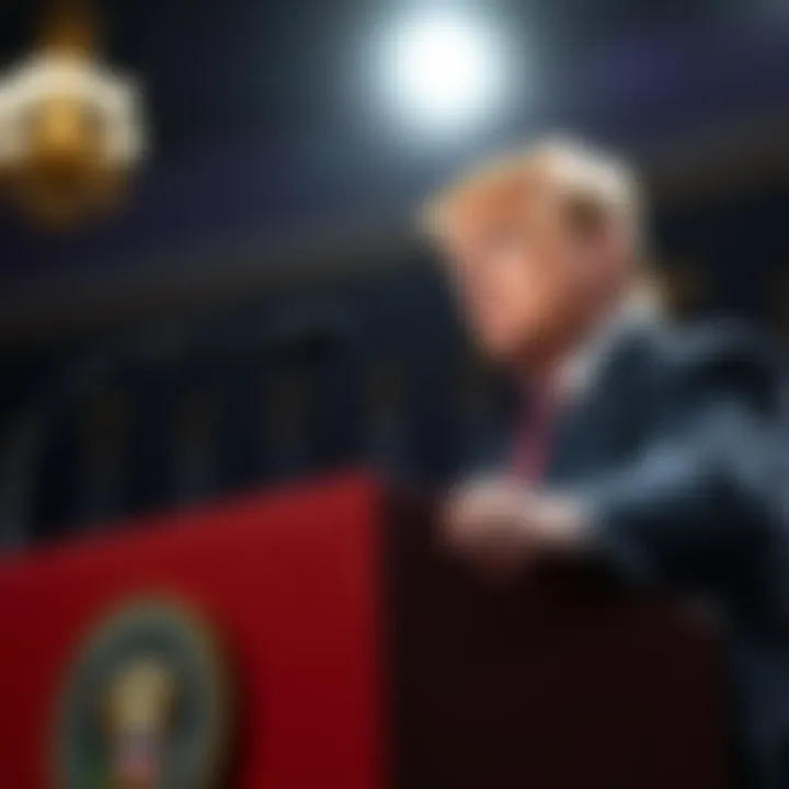 Donald Trump speaking at a podium while criticizing Federal Reserve Chair Jerome Powell for his late interest rate decisions